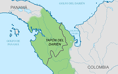 Un mapa de Panamá, el tapón del Darién y Colombia.