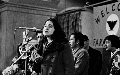 Dolores Huerta speaking at a United Farmworkers' lettuce boycott in 1973”.