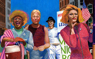 Un mural de Marsha Johnson y Sylvia Rivera. Hay edificios y personas en el fondo, una pancarta blanca y una bandera estadounidense.