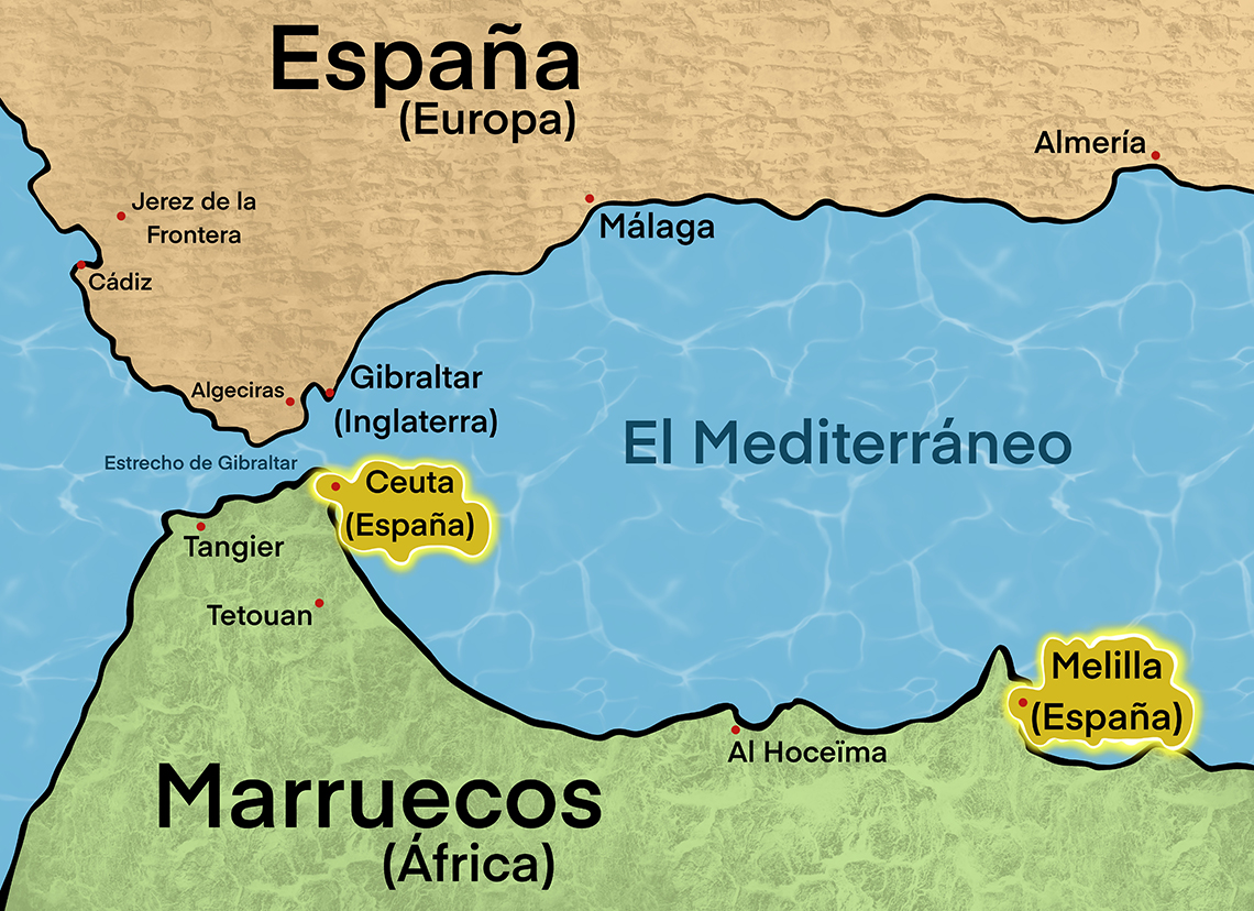 Un mapa del sur de España y el norte de África que muestra los enclaves de Ceuta y Melilla