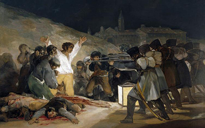 El tres de mayo de 1808 de Francisco Goya. El fusilamiento de españoles por soldados franceses. En el centro del cuadro aparece un hombre iluminado con una luz blanca.
