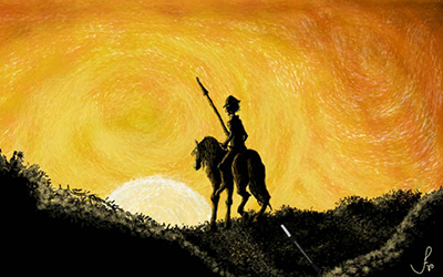Una pintura de Don Quijote con su lanza en un caballo viendo el sol en la distancia.