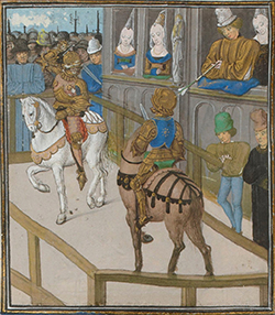 Justa entre Reginald de Roye y John Holland en Betanzos hacia el siglo XIV – Miniatura ilustrativa de las Crónicas de Jean Froissart