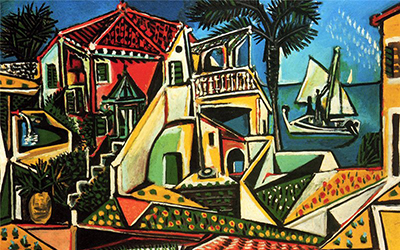 Un cuadro de Picasso que tiene casas de colores vibrantes con un velero y palmeras en el fondo.