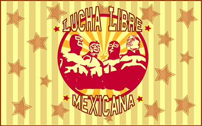 Un cartel sobre la lucha libre con cuatro luchadores dentro de un círculo en el centro con texto que dice, “lucha libre mexicana” en mayúsculas. El trasfondo es amarillo con rayas y estrellas.