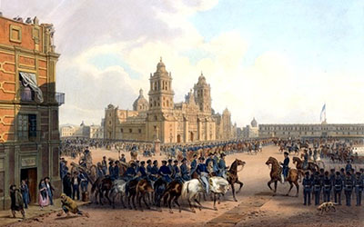 Una pintura de Carl Nebel que muestra la Plaza Mayor y la entrada de las tropas estadounidenses a Mexico City.