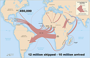 Un mapa de la ruta de personas esclavizadas, de África a las Américas.