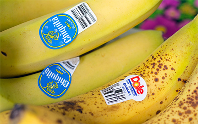 Tres bananas amarillas con la etiqueta de “Chiquita” y dos bananas bien maduras con la etiqueta de “Dole”.