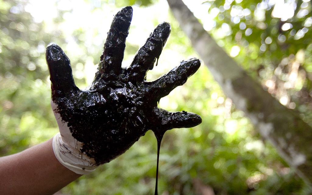 Una mano cubierta en petróleo crudo con árboles al fondo.