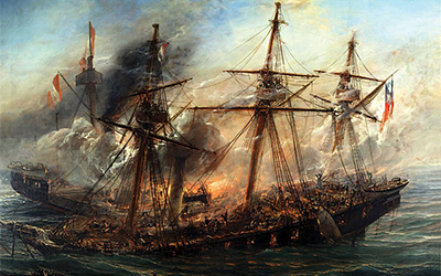 Un óleo de Thomas Somerscales que muestra el combate naval de Iquique, dos barcos en llamas en el agua.