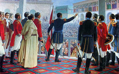 Un óleo de Juan Lepiani que muestra a San Martín en la Plaza Mayor declarando la independencia de Perú ante el pueblo.