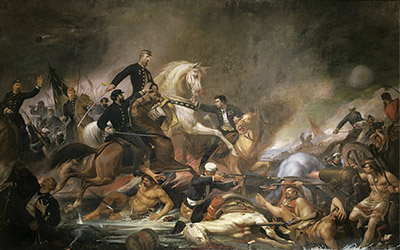 Una pintura de Pedro Américo titulada “Batalla de Campo Grande” que muestra soldados montados a caballo luchando.